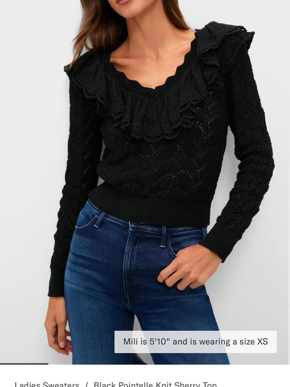 hyacinth house Black Pointelle V-Neck Ruffle Sweater